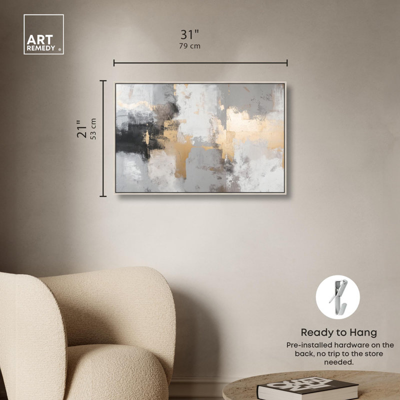 «Gilded Gray II», art abstrait sur toile par Art Remedy, H 21 po x l 31 po, Encadrement argenté