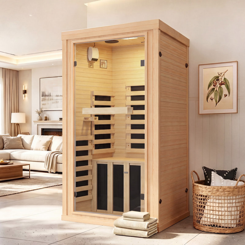 Sauna infrarouge lointain pour 1 personne, sauna sec en bois de pruche du Canada avec façade en verre trempé, système de chauffage à faible intensité électromagnétique, panneau de commande audio et numérique Bluetooth