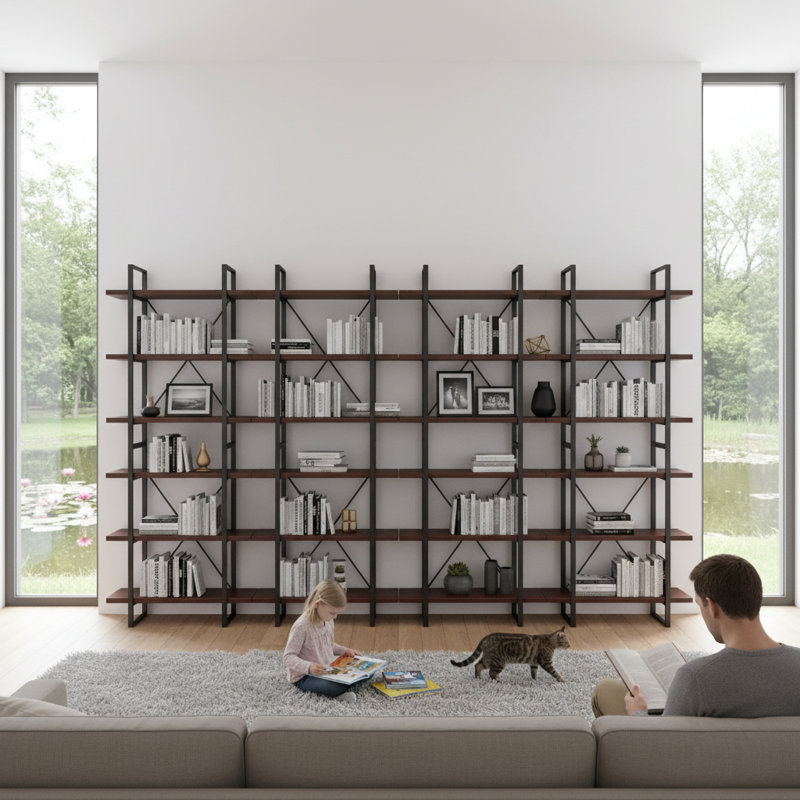 17 Stories Dark Walnut Colour 142"W x 85"H Etagere Library Bookcase