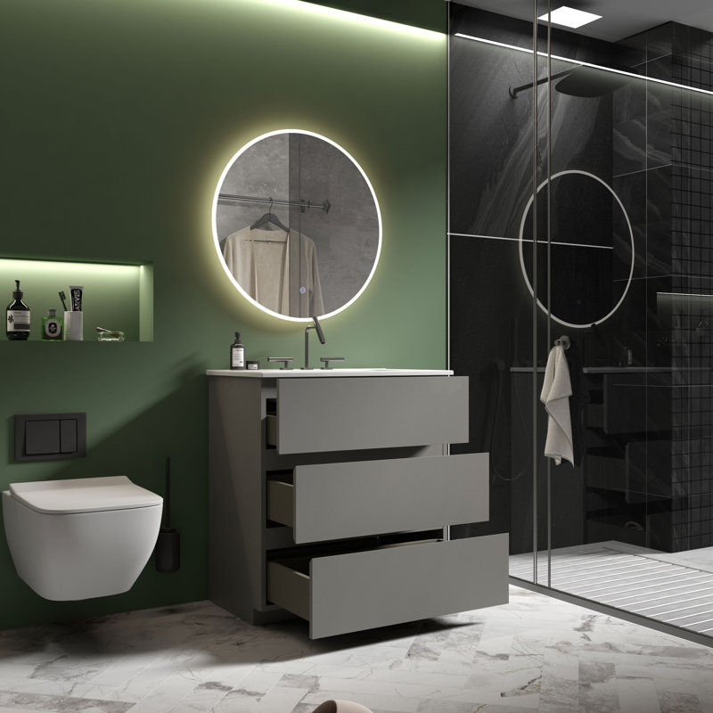 Meuble-lavabo simple avec plateau en céramique Derrance, Gris, 36"