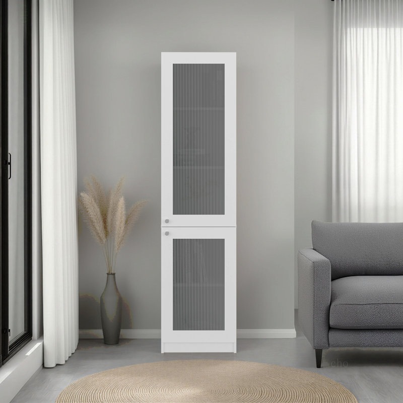 Armoire bibliothèque à double porte en verre avec 5 tablettes intérieures pour le rangement du linge ou des décorations dans les salons, les chambres à coucher ou les salles de lavage