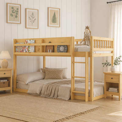 Low Twin Over Twin Bunk Bed, Floor Bunk Bed with Ladder, Solid Wood Twin Bunk Bed for Kids & Juniors, Natural