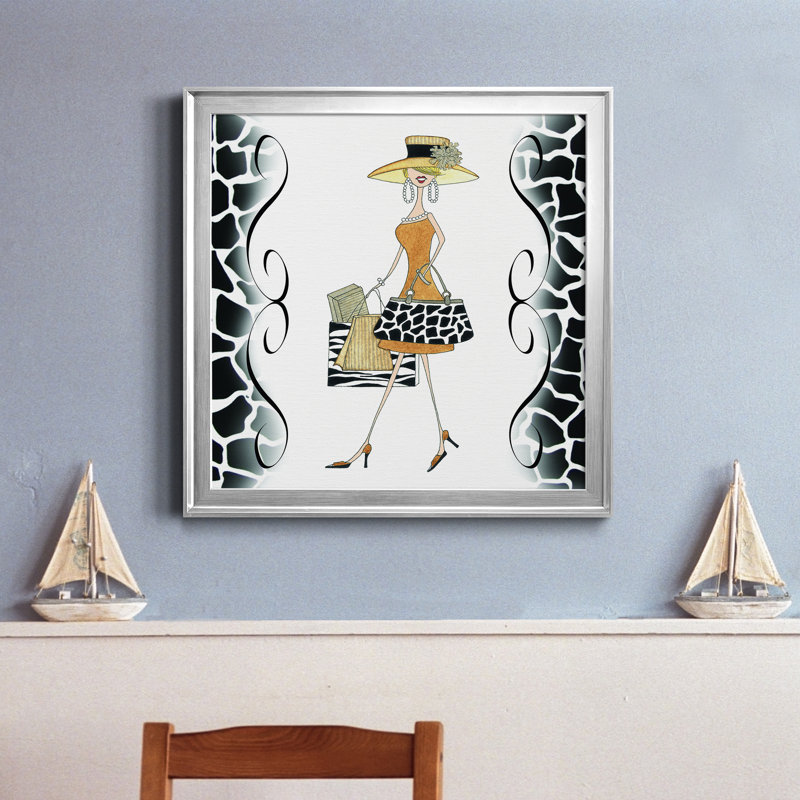 Swanky Shopper Gal - Peinture sur toile encadrée, Toile encadrée argentée, H 22,5 po x l 22,5 po x P 1,5 po