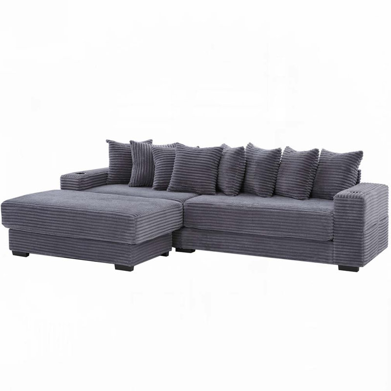 Corduroy Fabric Sectional Couch, Dark Grey