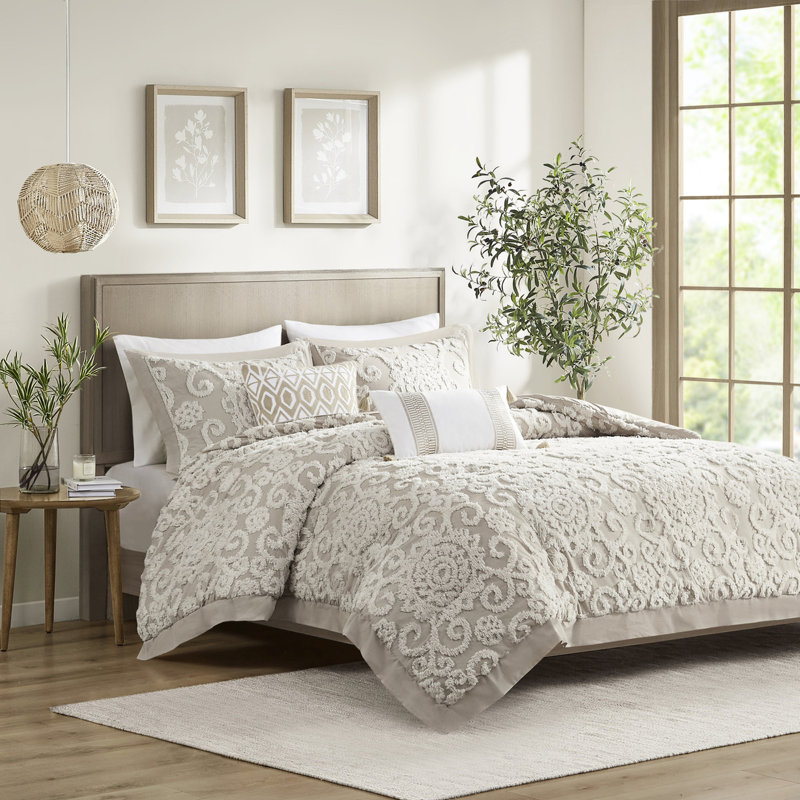Housse de couette en coton taupe double / grand avec broderie en chenille captivante 100% capitonnée, Taupe