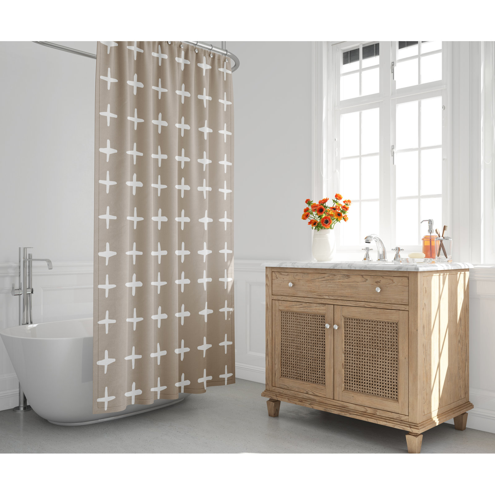 Polyester Shower Curtain, Beige/White