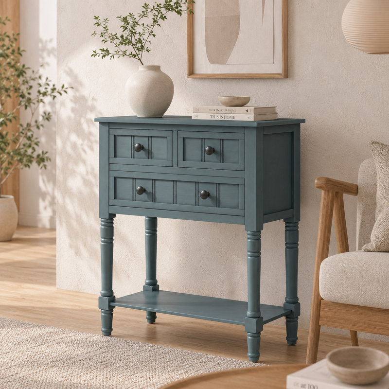 Console en bois de pin avec boutons ronds, Bleu marine
