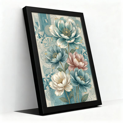 Toile murale représentant des pivoines turquoise, blanches et roses avec des accents dorés