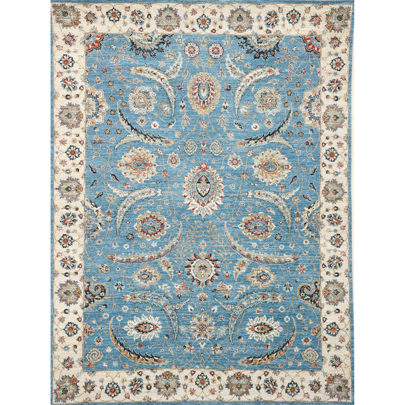 Tapis bleu et beige noué à la main de haute qualité, Rectangulaire 8 pi x 10 pi