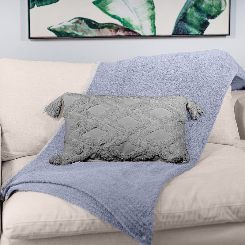Gray Cotton Macrame Tassel Throw Pillow Set, 20 x 12 in