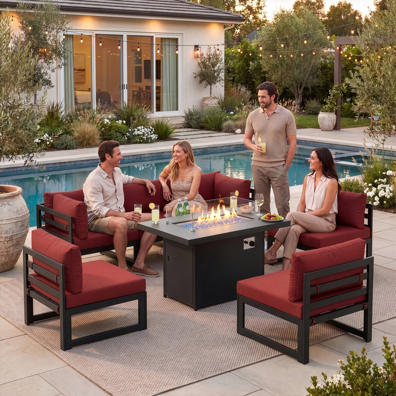 Tuyen 7-Piece 6-Person Outdoor Patio All-Aluminum Sectional Conversation Set with 60,000 BTU Fire Pit Table and 4" High-Resilience Foam Cushions