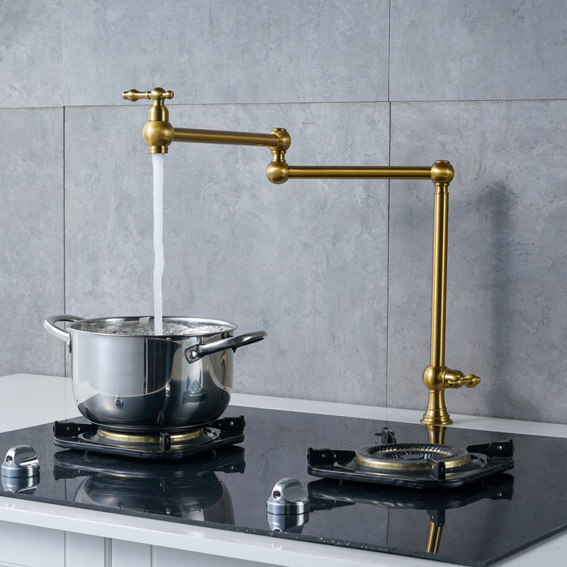 Deck Mounted Pot Filler With Double Handle Swing Folding Faucet In Solid Brass, Gold
