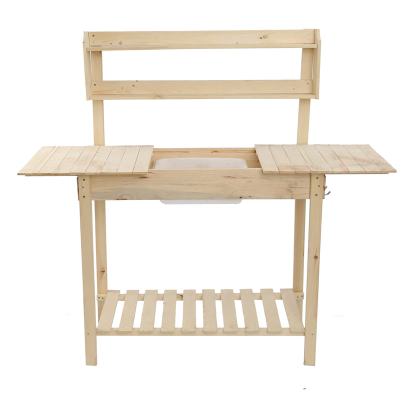 Banc de rempotage en bois avec plateau coulissant