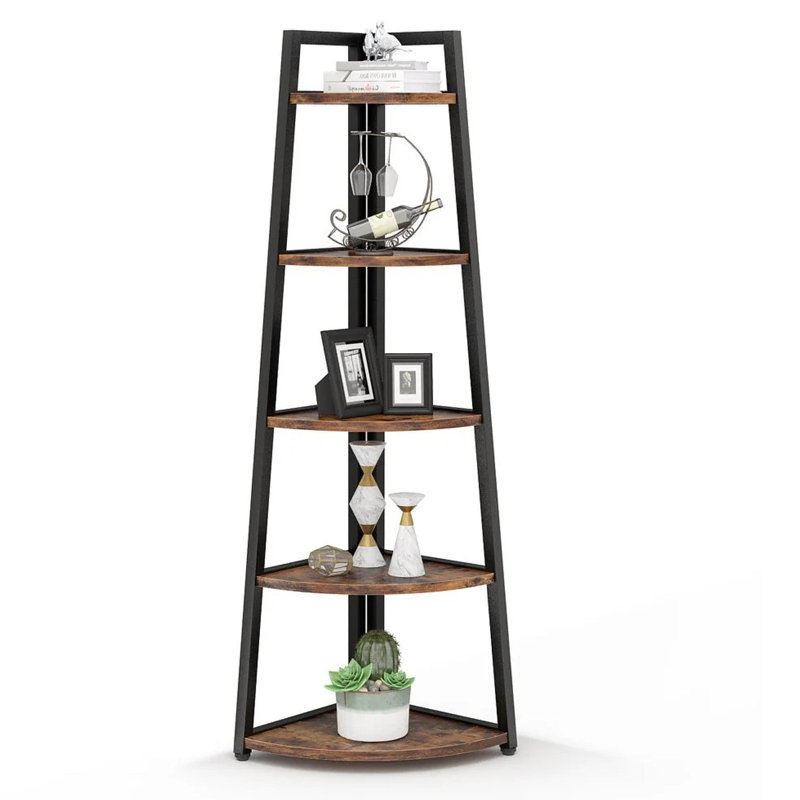 70.07" Tall Corner Shelf, 5 Tier Rustic Brown Corner Bookshelf Bookcase Industrial Corner Ladder Shelf Plant Stand For Living Room, Kitchen, Home Office