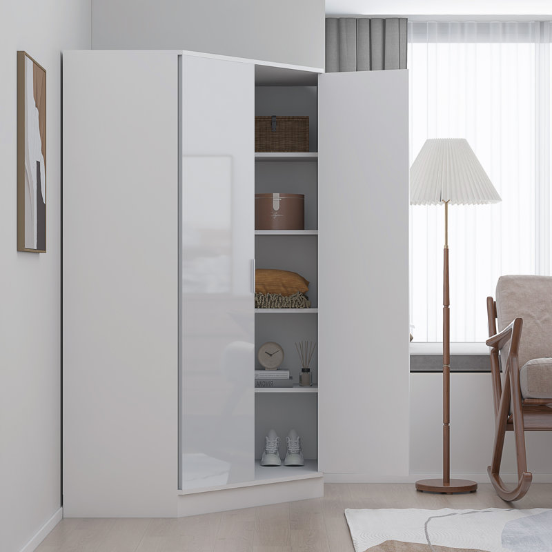 Eva High Gloss 2 Door Corner Wardrobe - H: 180cm x D: 103cm x W: 103cm , Matt White/Gloss White
