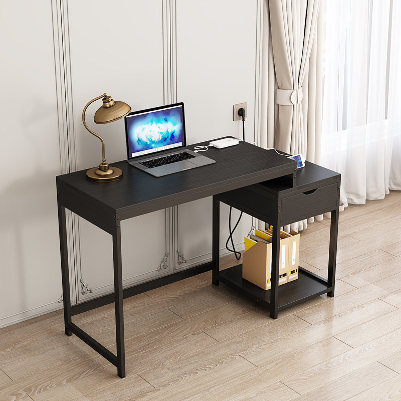 Bureau d'ordinateur moderne avec tiroir latéral et tablette de rangement ouverte, poste de travail robuste en métal pour adultes