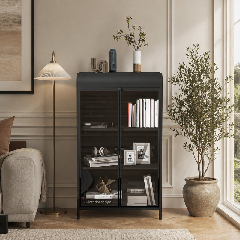 Armoire de rangement de 47,6 pouces de hauteur en métal avec portes en verre et plateau rabattable, présentoir à 4 niveaux avec tablettes ouvertes pour différentes pièces
