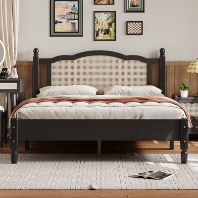 Wooden Platform Bed With Natural Rattan Headboard, Vintage Bed Frame With Wooden Slat Support