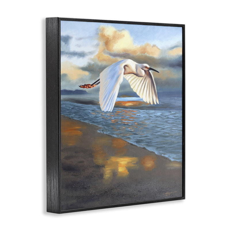 Egret Wingspan au-dessus de la plage, estampe numérique par D. Rust, Giclée encadrée noir minuit, H 14 po x l 11 po