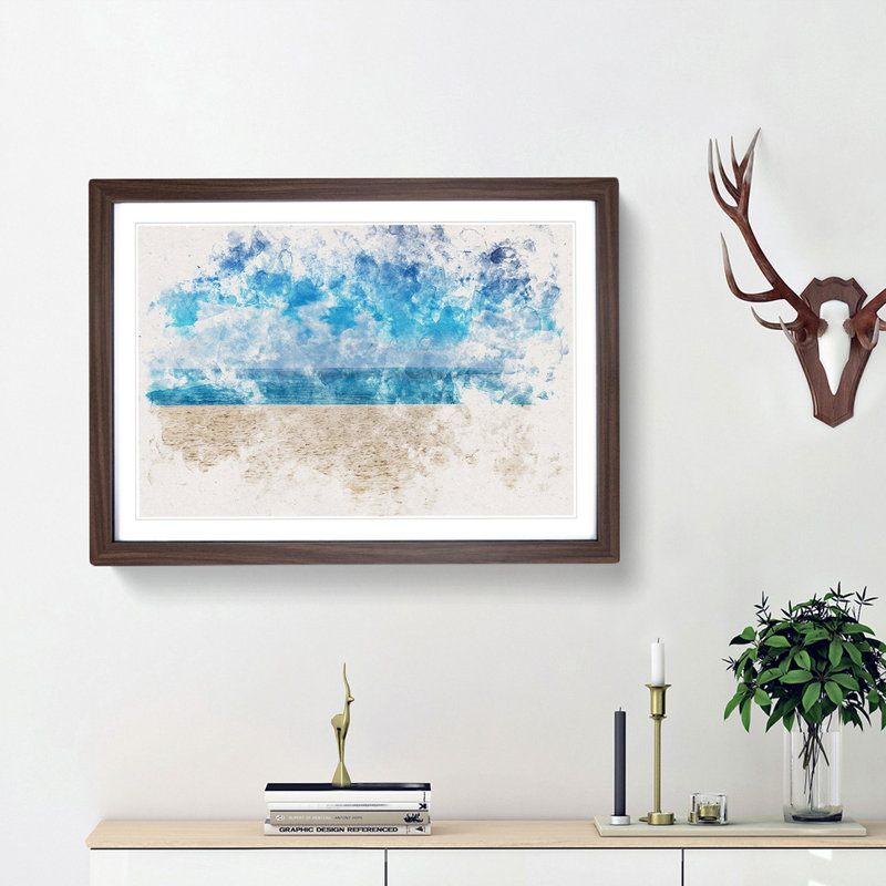 Beach in Mexico Watercolour - Picture Frame Graphic Art Print, 36cm H x 48cm W x 2cm D, Walnut Framed