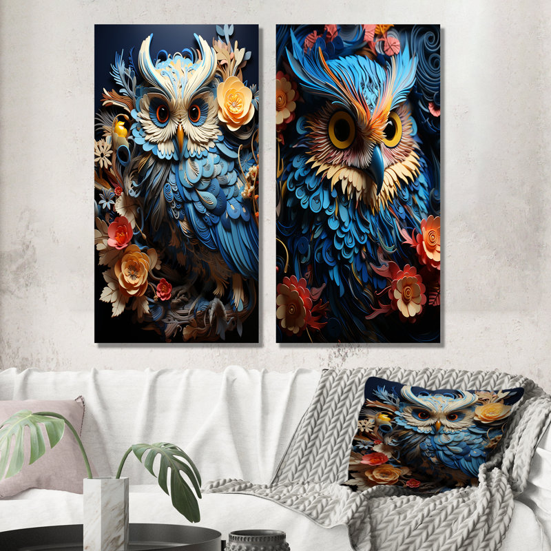 Mysterious Owl Blooms - ensemble de 2 impressions sur toile de hibou, Toile tendue, H 40 po x l 41 po