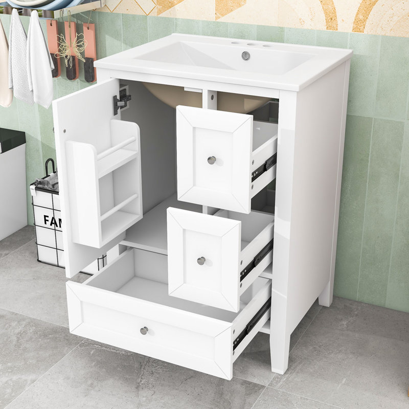 Meuble-lavabo 24 po avec lavabo, 3 tiroirs et portes, White