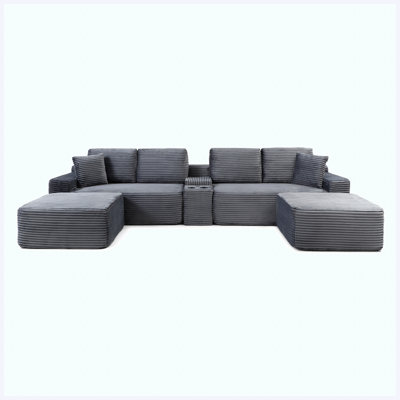 150" Grey Oversized Cloud L-Shaped Sectional Sofa with Deep Seat, Cup Holders & USB Charging Ports