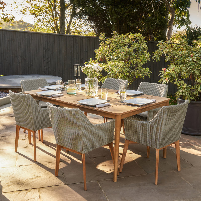 Luke 6 - Person Acacia Wicker Patio Dining Set with Rectangular Table , Cushions Included, Light Grey