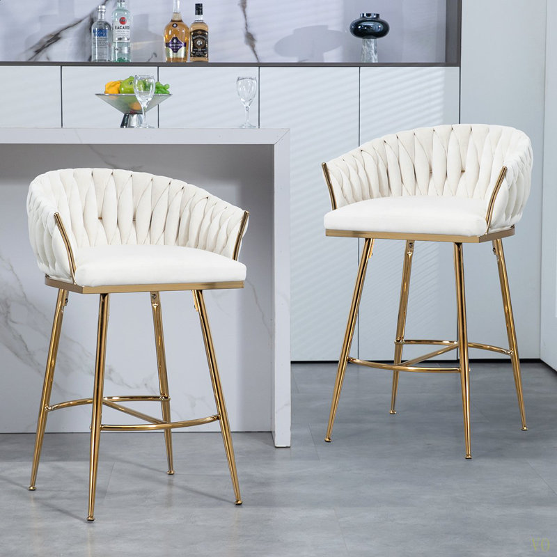 26'' Counter Height Bar Stools Velvet Kitchen Island Counter Bar Stool With Hand- Wave Back, Chromed Base And Footrest, White