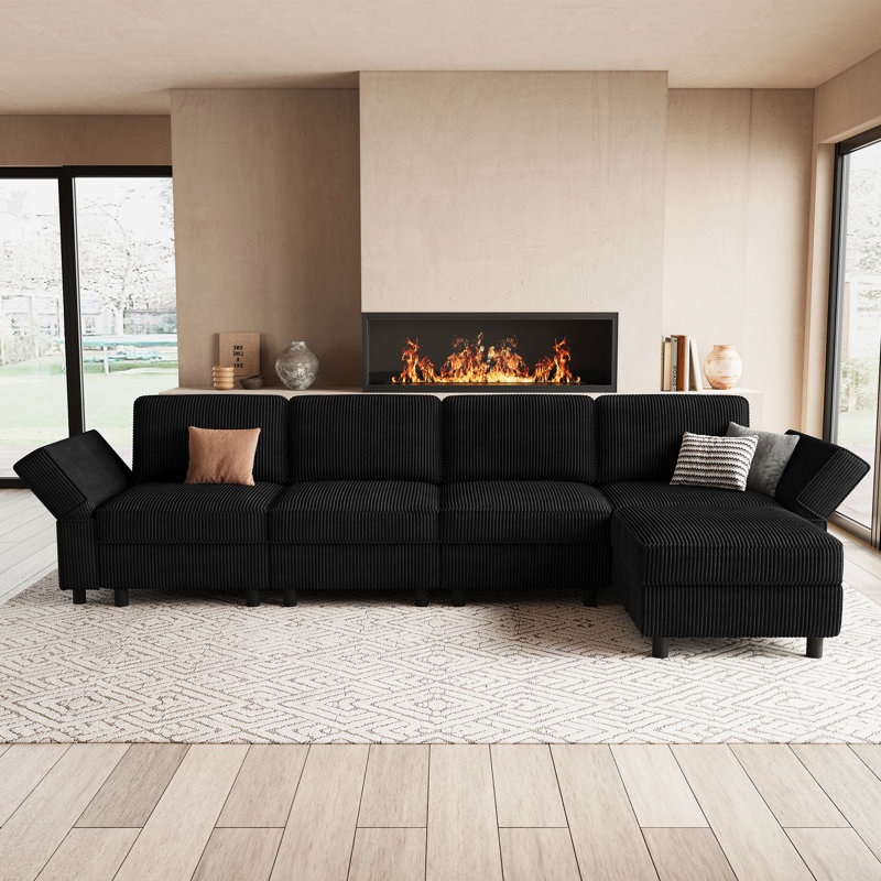 Upholstered Modular Sofa Sectional With Ottoman, Black Corduroy