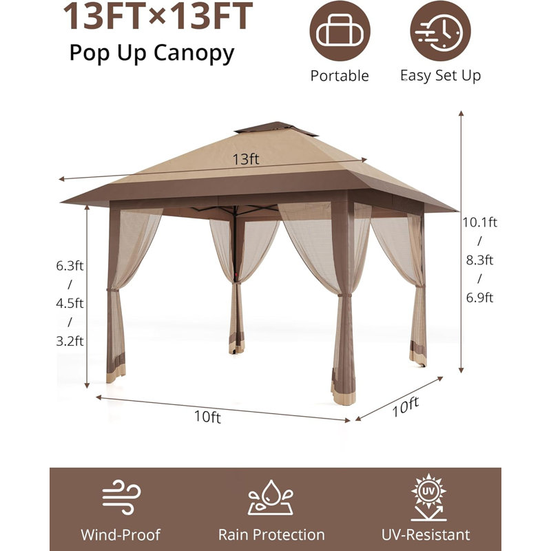 13X13ft Outdoor Pop Up Gazebo, Height Adjustable Pop Up Tent Gazebo With Mesh Cover, Khaki