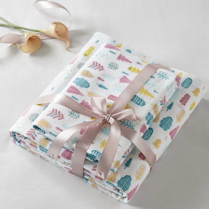 4 Pcs Queen Cotton Flannel Printed Sheet , White Holiday Trees Pattern, , Warm, Machine Washable, Fitted Covers 14" Mattress, And , Includes All Sheets