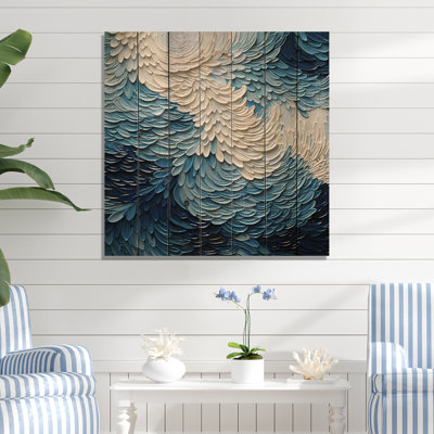 Ondes bleues et blanches modernes de la côte III - Minimalisme côtier sur bois