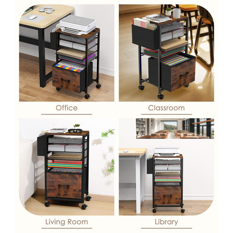 5-Tier Rolling File Cart With Hanging File Folders, Sliding Drawers, Side Bag For Office Organization