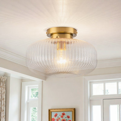 1-Light Transitional Ribbed Glass Flush Mount Ceiling Light with Gold Finish