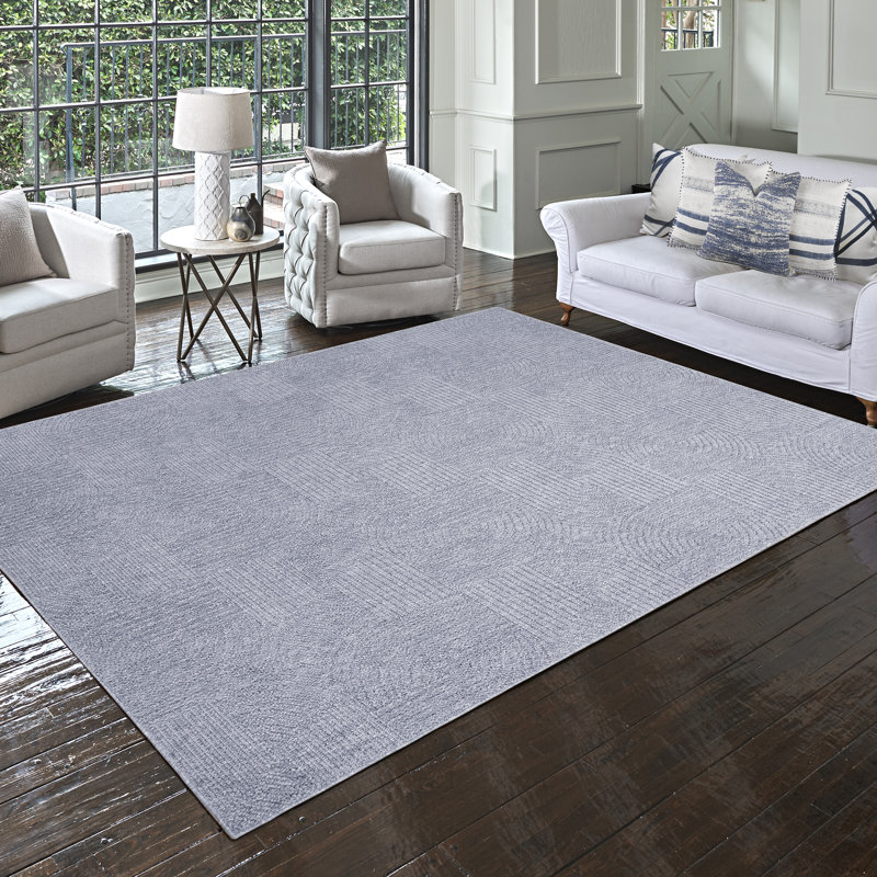 High-Low Loop Pile Indoor Area Rug, Light Denim Blue Modern Geometric Polyester Rug for Living Room & Bedroom – Nylah Karina