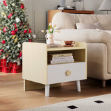 Night Stand, Kids Wooden Nightstand With Drawer, Children Bed Side Table With Open Storage, 2-Tier End Table For Bedroom And Small Spaces