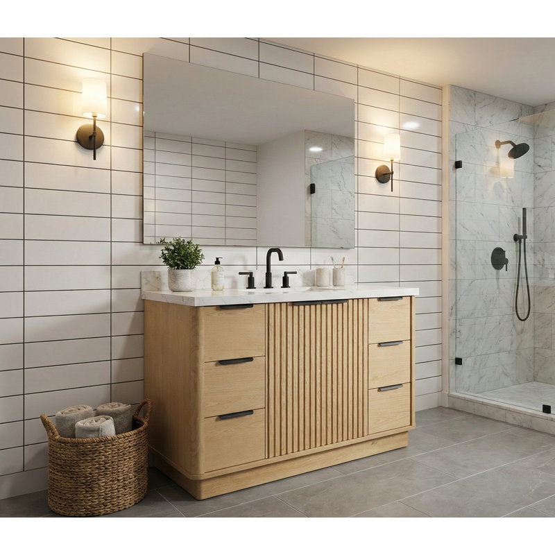 Meuble-lavabo cannelé 48 po avec comptoir en quartz et lavabo en porcelaine - naturel, 48", Natural