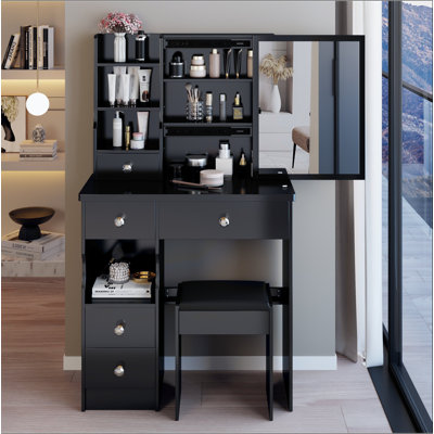 29.2" Small Size Left Drawer Desktop Vanity Table + Cushioned Stool, Extra Large Right Sliding Mirror, Multi Layer High Capacity Storage, Practical Fashionable Dresser, Suitable For Small Space