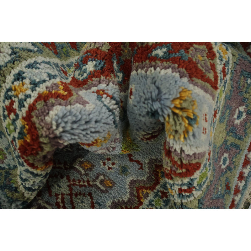 Tapis de couloir oriental géométrique bleu clair et vert Viss 8 pi 1 po x 2 pi 6 po