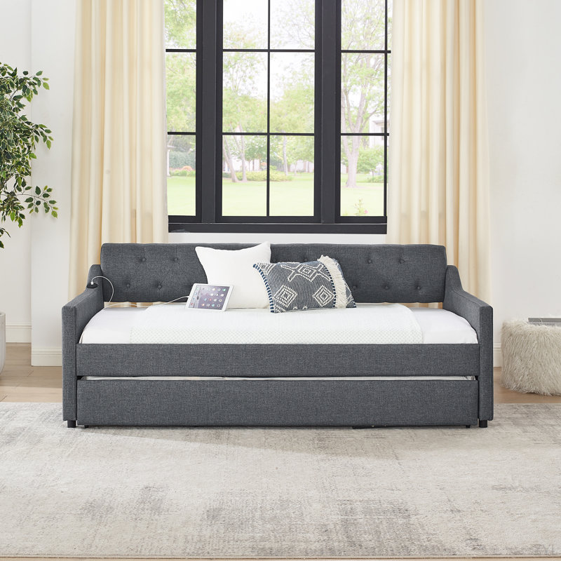 Twin Size Upholstery Daybed With Twin Size Erectable Trundle And USB Charging Design, Dark Gray