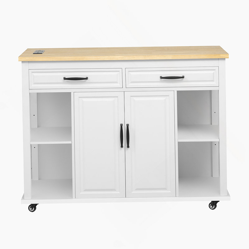 47 Inch Kitchen Island With Extendable Dining Table, Rubber Wood Veneer Kitchen Table With Internal Storage Rack, Power Outlet, Kitchen Island With Storage 2 Drawers 2 Cabinet,White