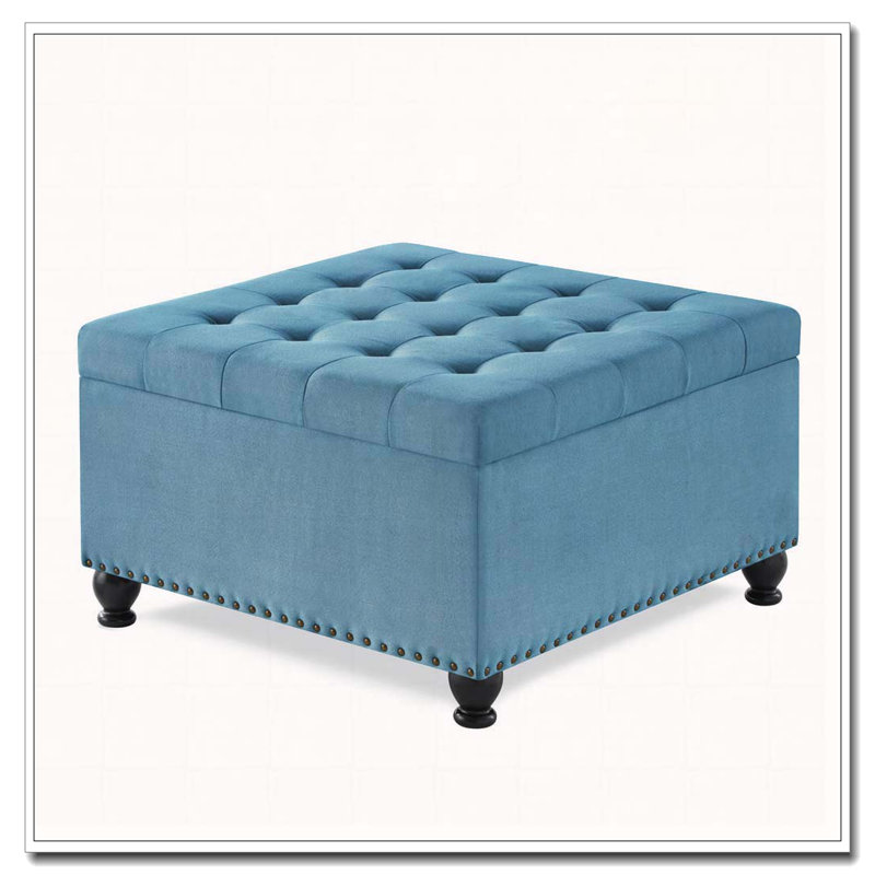 Table basse rembourrée avec repose-pieds et garniture cloutée pour l'espace de vie, Bleu clair
