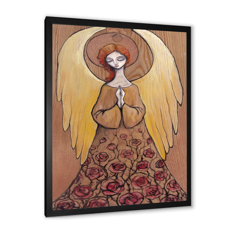 Illustration d'un ange religieux - reproduction d'art sur toile traditionnelle, Impression noire sur toile encadrée