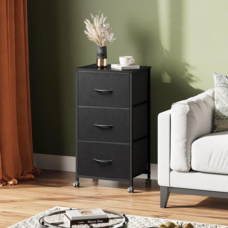 Commode avec 3 tiroirs, table de chevet en tissu, armoire avec roulettes, commode de rangement pour la chambre à coucher, bureau, garde-robe, commode noire avec structure en acier robuste, poignée facile à tirer