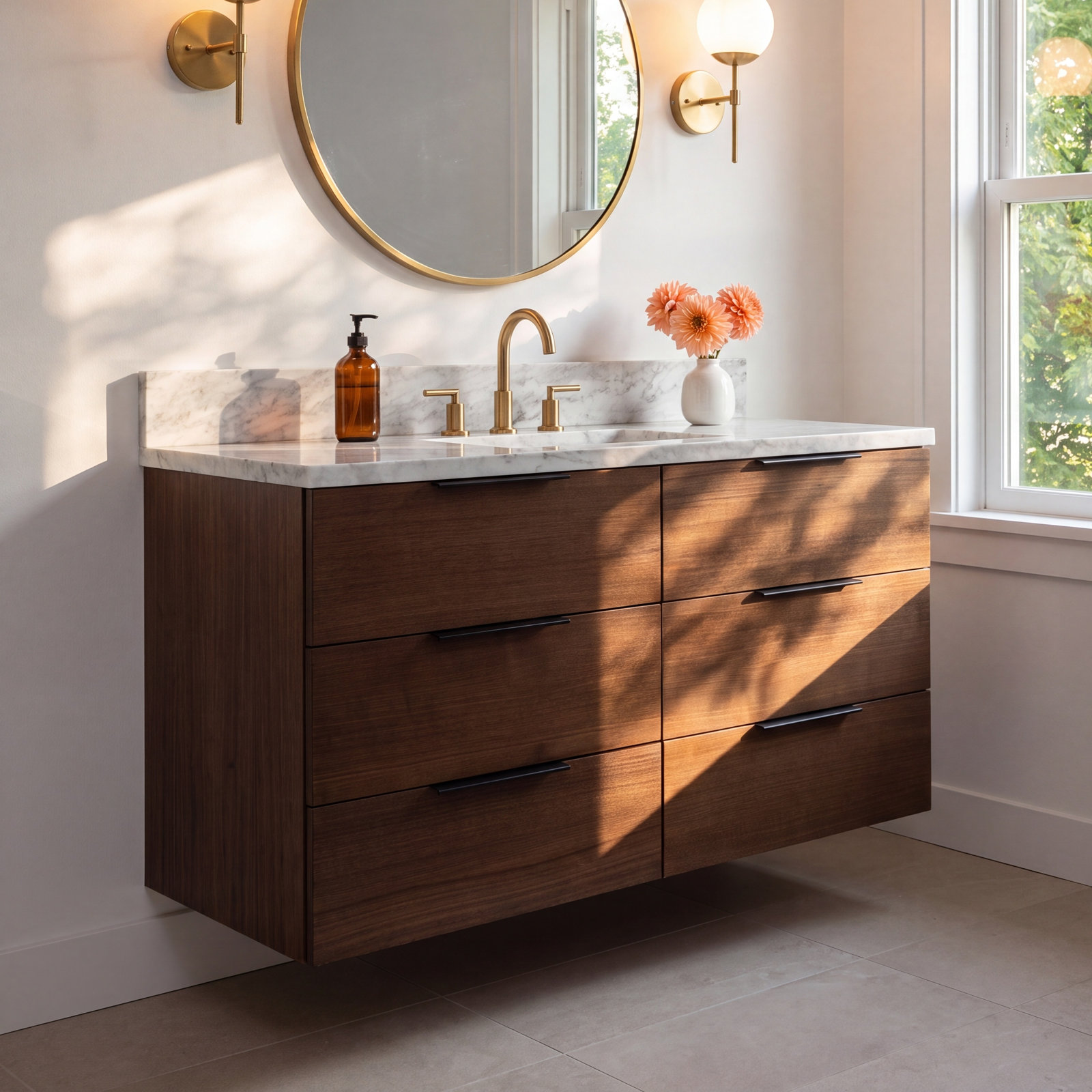 Mitchell 42" Carrara Marble Single Bathroom Vanity, Walnut, Carrara Marble