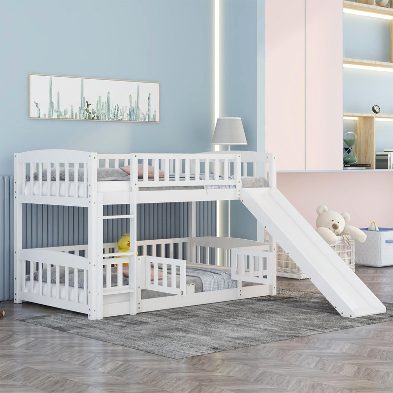 Lit superposé avec glissade, lit superposé simple au-dessus de simple avec clôture et échelle pour enfants adolescents, Blanc
