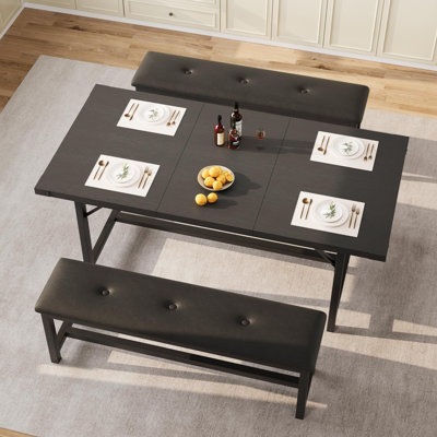 63" Dining Table Set for 4-6, Large Extendable Kitchen Table Set with 2 Upholstered Benches for 6, 3 Piece Rectangle Dining Table Set for 4 for Apartm