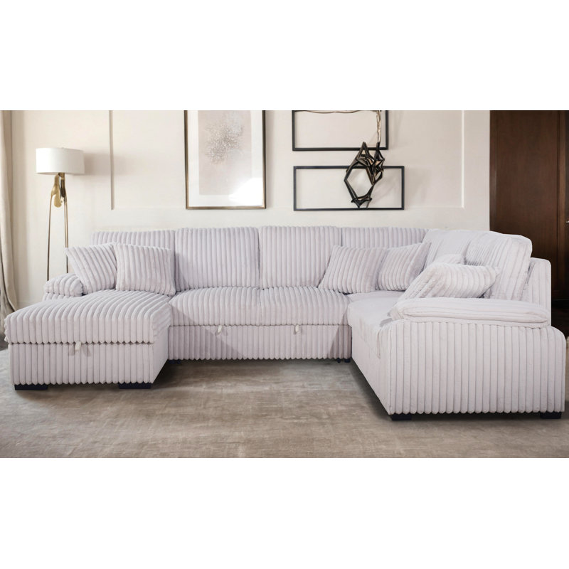 Corduroy U-Shape Sectional With Pull Out Bed & Storage Chaise + 6 Pillows, Left Hand Facing, Beige Corduroy