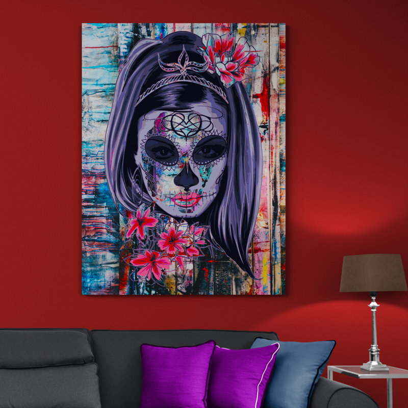 Slemp Candy Skull - Day Of The Dead Female Graffiti - Print on Canvas, 117cm H x 81cm W x 4cm D